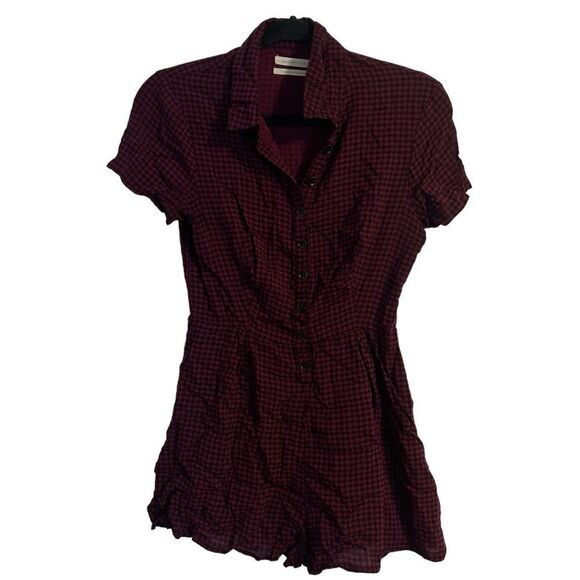 UO Bellina Button-Down Shirt Romper Wine Red Houndstooth 90s Retro Size 4 - Picture 6 of 12